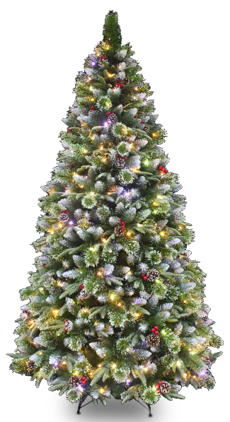 FROSTED TREE WITH PINE CONES AND MULTI FUNCTION LIGHTS 210CM